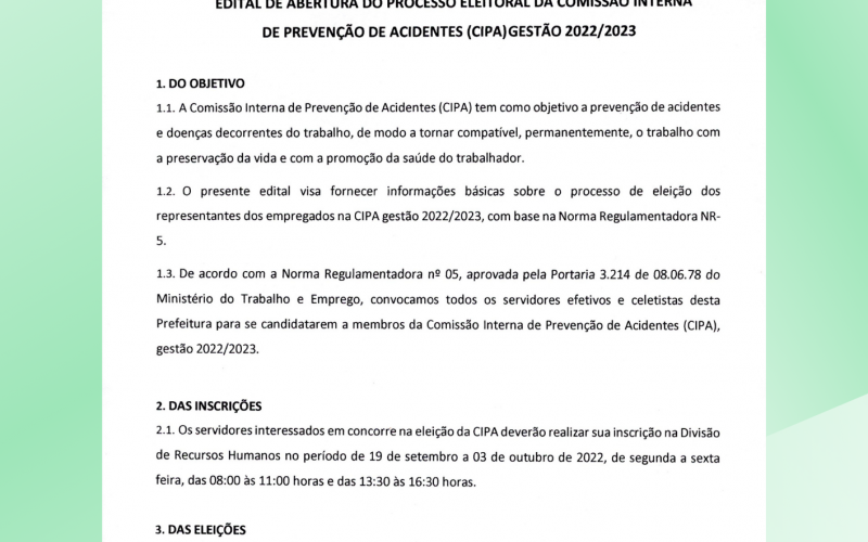 EDITAL DE ABERTURA DO PROCESSO ELEITORAL CIPA / GESTÃO 2022/2023