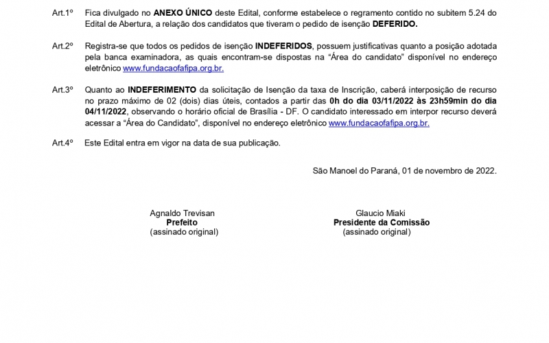 EDITAL N.º 02.001/2022 – DEFERIMENTO DAS SOLICITAÇÕES DE ISENÇÃO DA TAXA DE INSCRIÇÃO